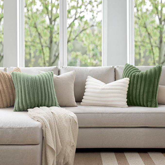 MIULEE Faux Fur Decorative Throw Pillow Covers 18x18 Set of 2 Moss Green | Modern Soft Plush Couch Pillows, Cozy Fluffy Cushion Covers for Sofa Bed Living Room Home Decor