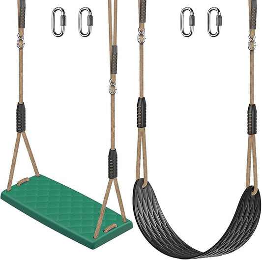SELEWARE Heavy Duty Swing Seat Replacement for Kids, 2-Pack Outdoor Swing Set Accessories with Adjustable Ropes & Snap Hooks, Plastic Playground Swing for Backyard, Tree, Indoor Play (Black & Green)