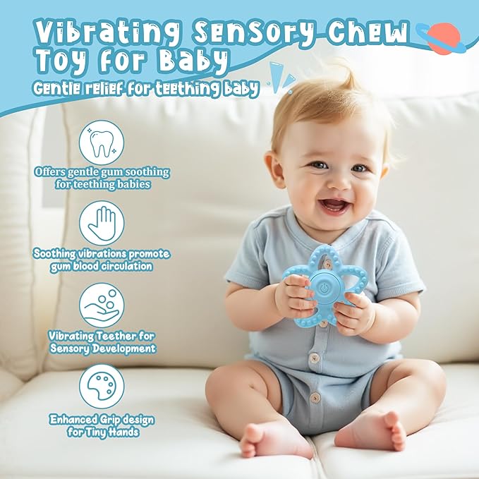 Wacipeck Vibrating Teether for Babies 6-18 Months，Sensory Toys for Kids with Autism Oral Motor Therapy ，3 Speed Vibration Baby Teething Relief，Toddler Travel Essential & 1-2 Year Old Boy Girl Gift