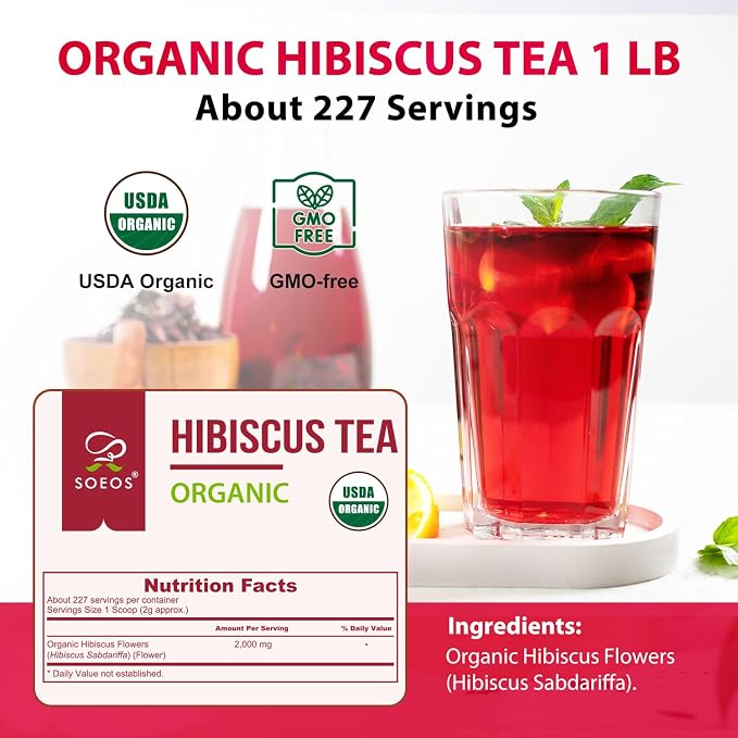 Soeos Organic Hibiscus Flower Herbal Tea, 1lb (16oz), Hibiscus Tea Loose Leaf, Bold Tart Flavor, Caffeine-Free & Naturally Refreshing, Perfect for Iced Tea, Hot Infusions, and Floral Blends