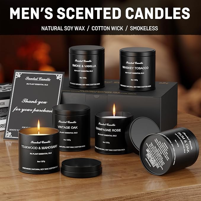 Scented Candles Gift Set for Men - 6 Pack Soy Wax Masculine Candles, Long Lasting Smokey & Wood Scents: Whiskey Tobacco, Teakwood, Vintage Oak - Ideal Birthday & Gifts for Men, Dad, Husband