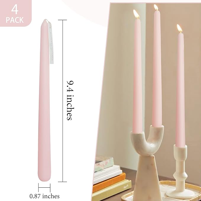 4 PCS Baby Pink Taper Candles - Rose Scented Candles - 10 inch Tall Candles for Holiday Valentine's Wedding Celebration Home Decor