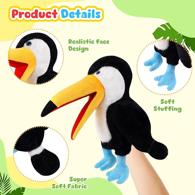 Animal Hand Puppets 11 Inch Bird Plush Toucan Owl Eagle Parrot Flamingo Peacock Puppet Toys Role-Play Puppets for Kids Storytelling Imaginative Pretend Play Teaching Preschool(Toucan)
