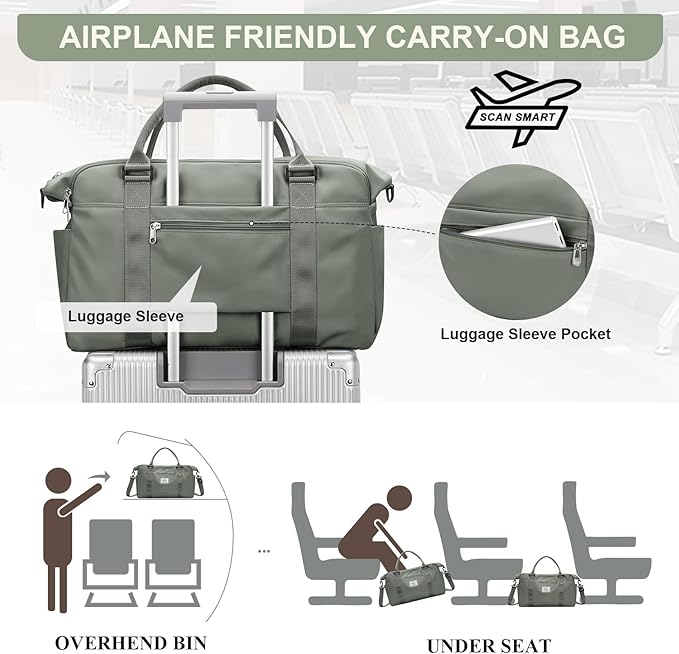 Travel Duffel Bag, Carry On Overnight Weekender Bags for Women | Travel Bag with Wet Pocket & Trolley Sleeve, For Spirit Airlines 18x14x8 Personal Item Bag