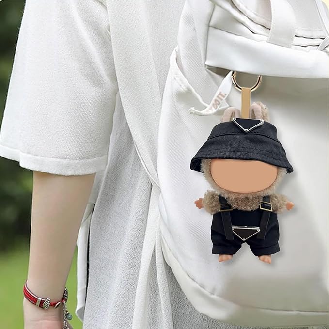 Clothes for Labubu(NO Doll) , Hat & Overalls Set for Labubu Clothes 15cm/17cm Dolls Accessories Suit, Doll Outfit Stylish Clothes(Style Black)