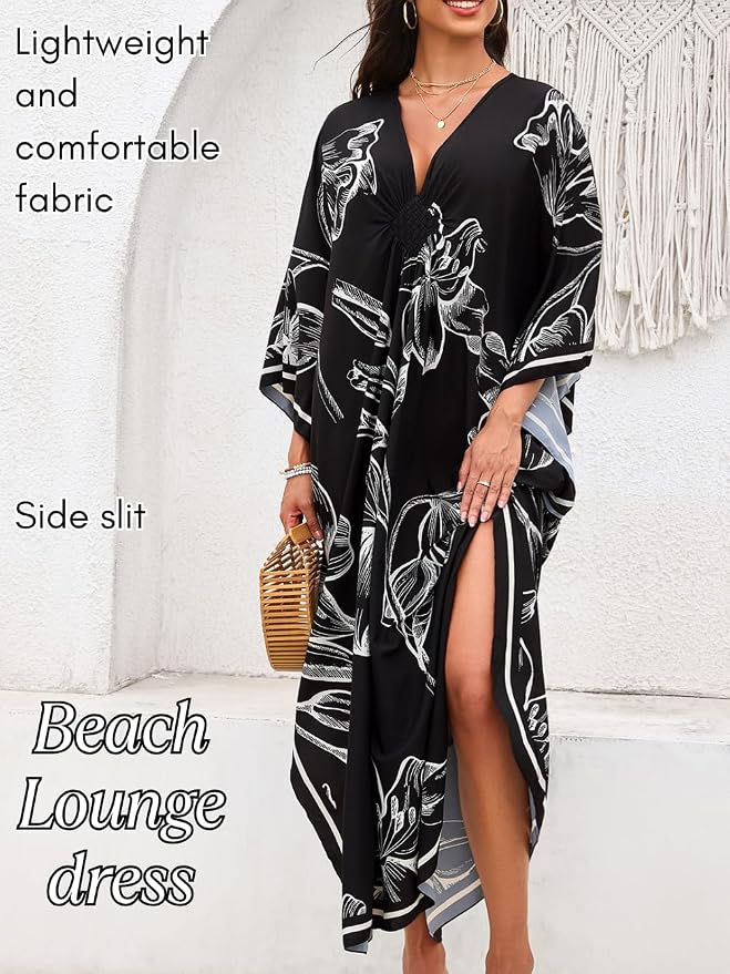 ChiaoLezhee Print Moo-Moos for Women, Kaftan Cover-Up Dresses, Sexy V-Neck High-Slit, Beach Pool-Party Coverups Muumuu Plus