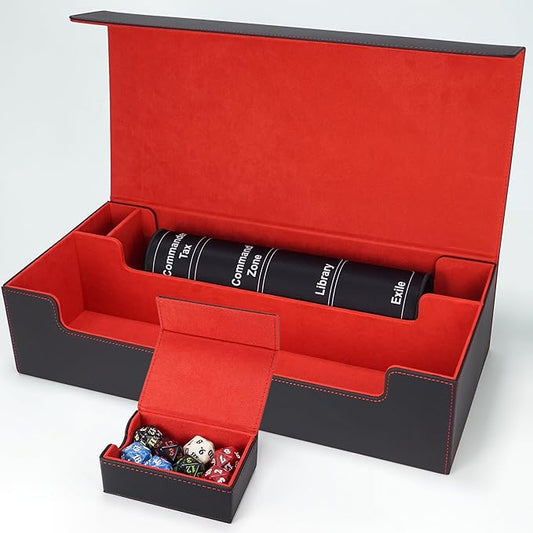 AFIING Mtg Deck Box Holds 5 Display Card Deck Boxes with Mtg Playmat & Dice Box,10 Dividers,1Card supporter, Trading Card Storage Box for Magic Yugioh Sports Cards (Black &Red)