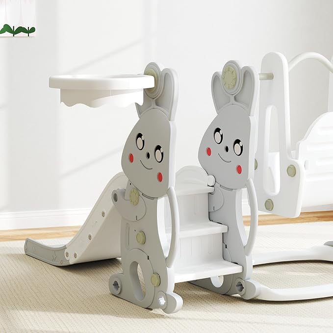 Qaba 4 in 1 Toddler Slide and Swing Set, Kids Playset for Ages 1.5-4, Rabbit Themed Children Slide Playground with Climber, Basket Hoop, for Indoor Outdoor Backyard, Gray