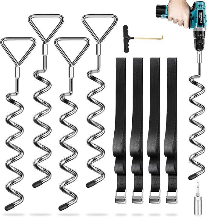 Trampoline Stakes Ground Anchors Screw in, Trampoline Anchors with Strong Straps, Spiral Earth Swing Set Anchor Heavy Duty for Trampolines(Silver-4Pack)