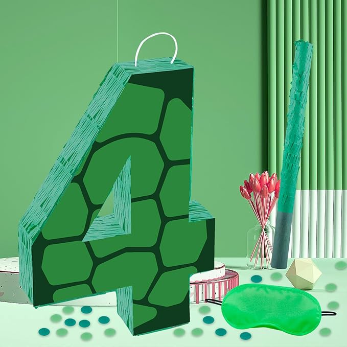 16 Inch Turtle Number 4 Pinata, Turtle Birthday Decorations, Turtle Theme Pinata with 16 Inch Stick Blindfold Confetti for Boy Girl Kids 4th Birthday Party Supplies(4th)