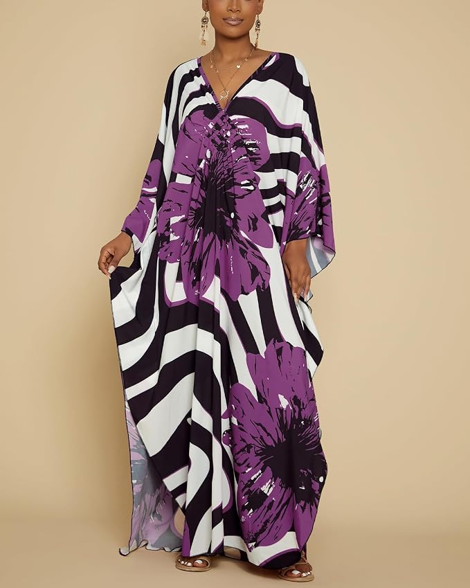 Bsubseach Kaftan Dresses for Women Floral Print Plus Size Beach Cover Up | Lightweight V Neck Loose Fit Boho Dress, Batwing Sleeve Side Slit, Moo Moos for Women Home Loungwear Cruise Resort Wear