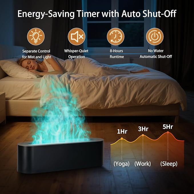Essential Oil Diffuser, 180ml Flame Air Diffuser Humidifier, Ultrasonic Fireplace Aromatherapy Diffuser with 7-Color LED Light, 3 Timer, Auto-Off for Bedroom Home Room Decor & Gift
