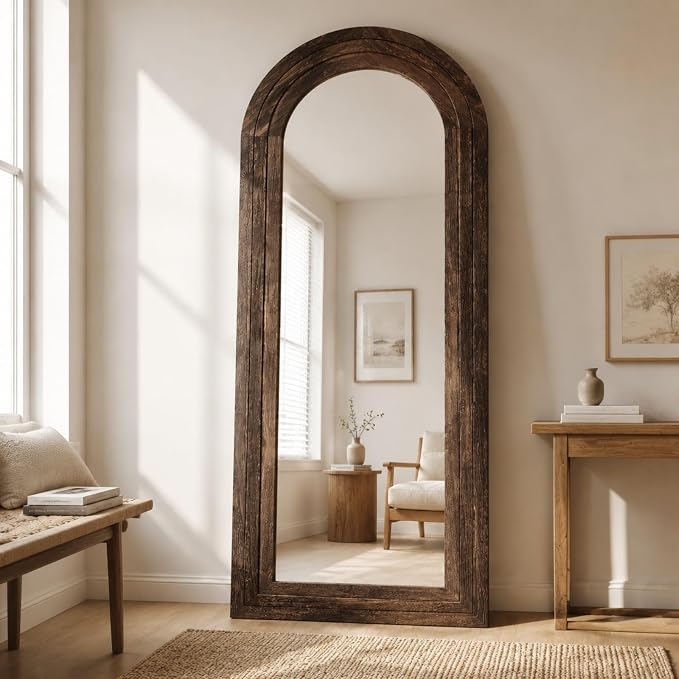 ZHUNFA Arched Full Length Mirror with Solid Wood Frame, 65x22, Brown | Farmhouse Wall Mounted Floor Mirror with Stand, Vertical Hanging, Leaning Standing for Bedroom, Living Room