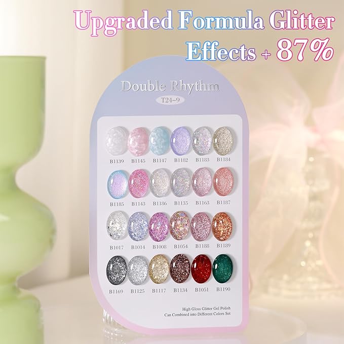Double Rhythm 28Pcs 0.5Oz Glitter Gel Nail Polish Set Same Color Same Bottle Soak Off Kit Nail Art Manicure Salon DIY at Home (Sparkle Pearl Shimmer Collection-T24-9)