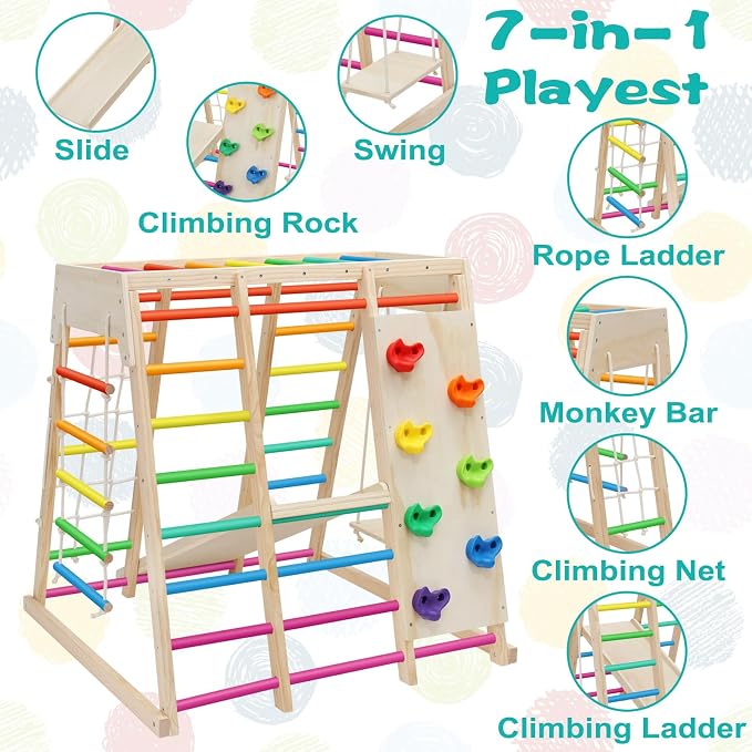 7 in 1 Pikler Indoor Playground Jungle Gym Playset, Wooden Montessori Climber with Slide, Rock Climb Wall, Monkey Bars, Rope Ladder, Climbing Rope and Swing for Kids（Rainbow）