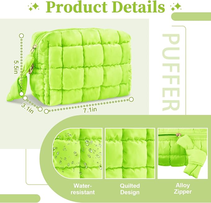 Puffer Quilted Makeup Bag Cosmetic Bags,Puffy Travel Toiletry Pouch for Women,Cute Checkered Zipper Bag Travel Essential,Portable Aesthetic Make up Organizer Bag for Gifts Work Daily(LightGreen,S)