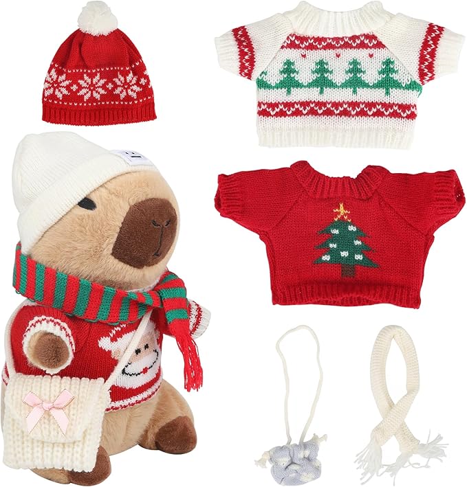 Capybara Plush with 10 Pcs Clothes & Accessories,Christmas Stuffed Animals, 10.2 in Cute Capybara Plush Toys,Birthday Gifts&Dress Up Cute Plushies for Boys/Girls (Christmas-Red)