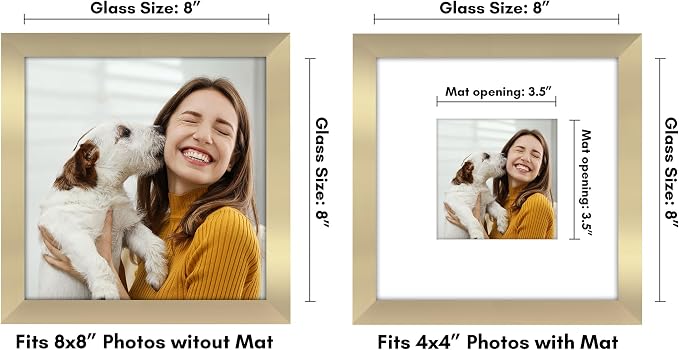Americanflat 8x8 Picture Frame - Matted to 4x4 - Engineered Wood - Gold | Shatter-resistant glass, wall or tabletop display with included easel, sawtooth hangers included, use with or without mat