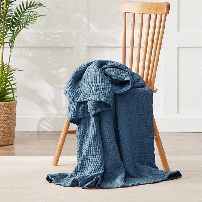 100% Cotton Throw Blanket 50" x 70" Dark Blue, 6 Layers Large Breathable and Lightweight Cotton Blanket for Bed and Couch, Soft Quilt Bedspread, Gauze Blanket for Adults All Season, Blue