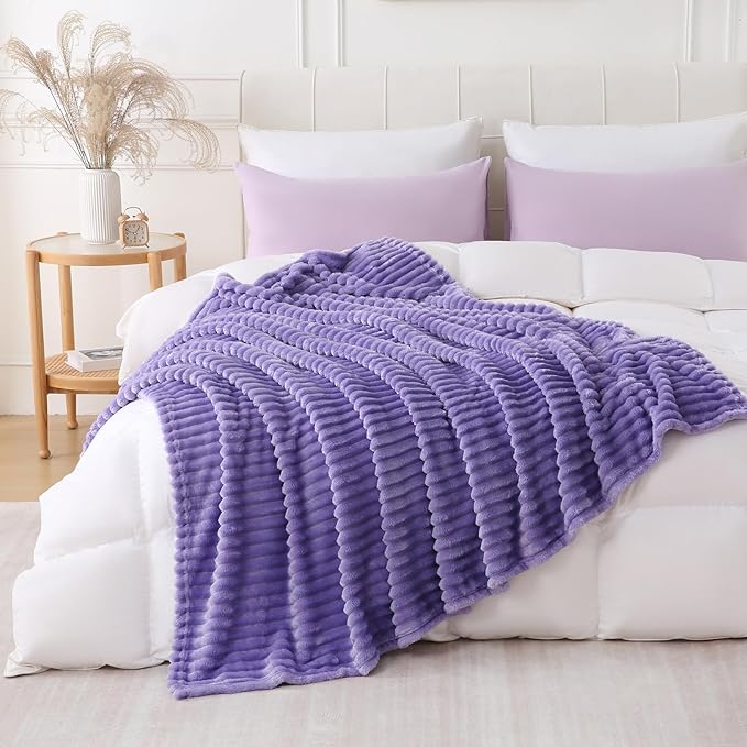 Lavender Throw Blanket for Couch Sofa 90x90 inches Striped Design | Fleece Blankets Room Home Decor Lightweight Plush Soft Cozy Gifts for Women Mom