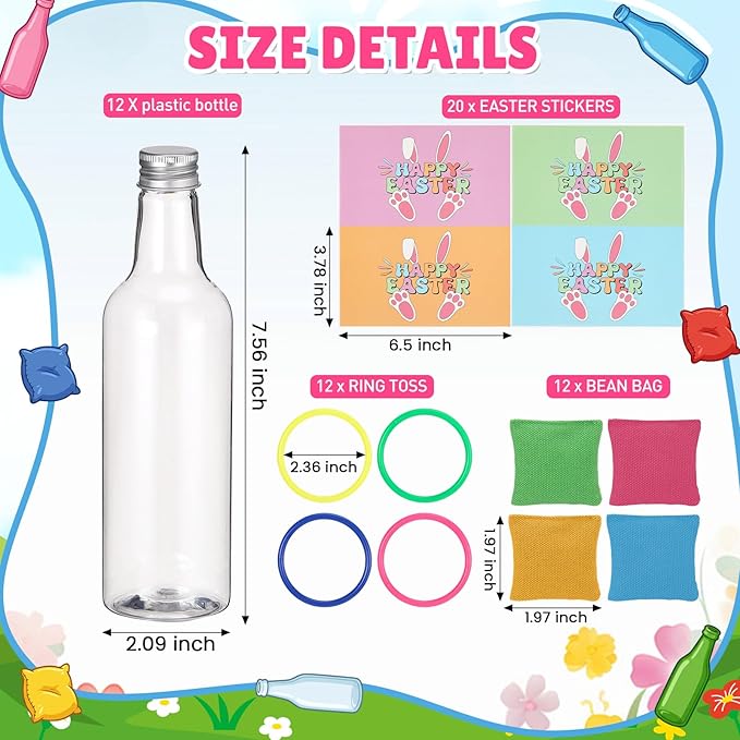 Leitee 56 Pcs Easter Ring Game Toss Happy Easter Day Plastic Bottle Labels Bean Bag Backyard with Mixed Color Rings Hoops for Adults Family Outside Sport Party