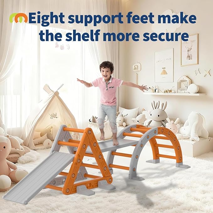 Garvee 9-in-1 Triangle Set, HDPE PP Plastic Climbing Set, Durable 1-8 Toddler Climbing Toys Indoor with Arch, Ramp, Ladder & Slide, Indoor Playground Jungle Gym Playset, Orange