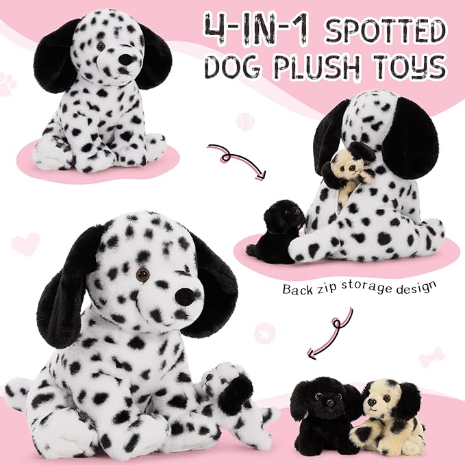 Muiteiur 4 Pcs Dog Stuffed Animals, Soft Mommy Dalmatian Stuffed Animal with 3 Puppies, 11.8 Inch Spot Stuffed Animal Dogs, Cute Plush Toys Gift for Kids Boys Girls