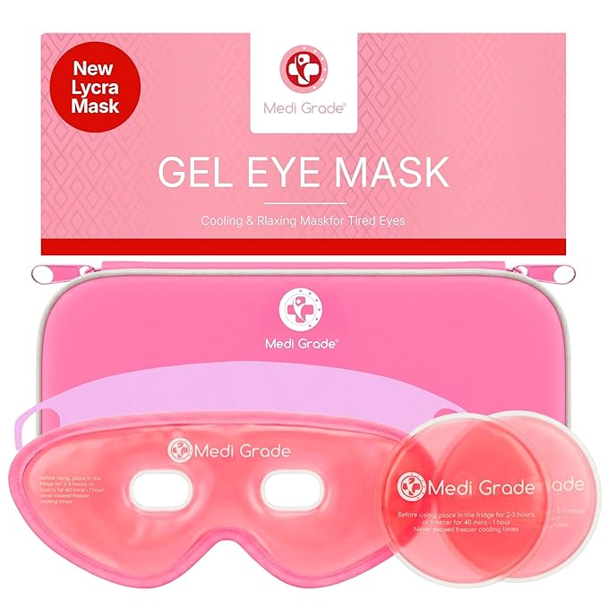 Medi Grade Cooling Gel Eye Mask for Puffy Eyes, Pink Set – Reusable Gel Eye Mask and Cooling Eye Pads with Thermo-Bag for Dark Circles and Morning/Night Skincare Routine – Reversible Cold Eye Mask