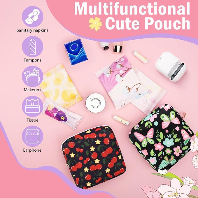 Period Bag Discreet Sanitary Napkin Storage Bags Pad Pouch | Cherry Print Deisgn, Portable, Menstrual Cup & Pad Holder, First Period Kit Storage, Feminine Bag for Women
