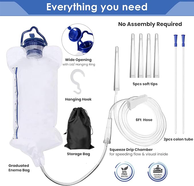 Enema Kit Anal Douche Bag 7Pcs Enema Nozzle Colon Intestinal Tube for Water Organic Coffee Colon Cleansing, Enema Bag Cleaning Kit Enema Tips Anal Anus Cleaner Rinser Irrigator