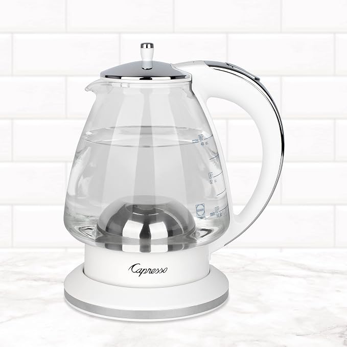 Capresso H2O Glass Kettle, 240.02, White and polished chrome, 48 ounces