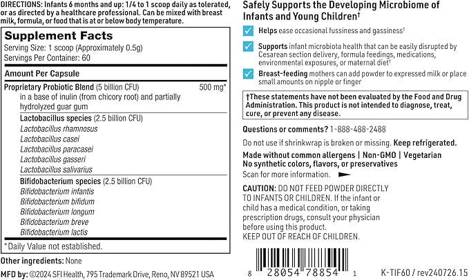 Klaire Labs SFI Health Ther-Biotic Baby - Toddler Probiotic for Kids, Infants & Babies - Microbiome & Bowel Support - Probiotic Powder, Add to Baby Formula, Breast Milk or Solid Food (60 Servings)