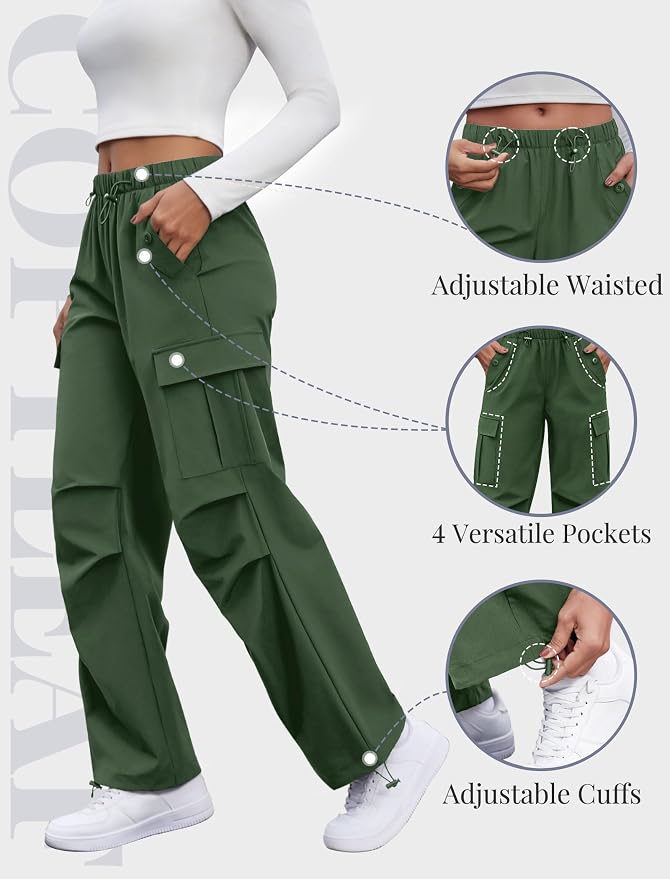 COPYLEAF Cargo Pants Women Elastic Waisted Parachute Hiking Pants with Pockets Water-Resistant Lightweight Baggy Pants