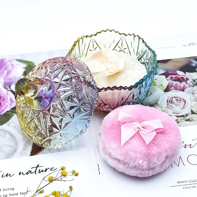 Luxury 4 Inch Glass Loose Powder Container with 2 Soft 3.5" Puffs｜Non-Sealed Refillable Organizer Storage for Body Powder Makeup & Jewelry & Setting Applicator(Crown-Colorful)