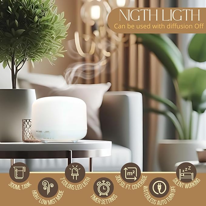 Mystic Romance Essential Oil Diffuser, 300ml Aromatherapy Humidifer and Nigth Ligth for Relaxing Atmosphere in Home Office Yoga and Spa, for Everyone, Auto-Off Safety Switch. Clear