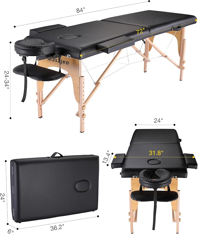 Professional Massage Table Portable Massage Bed for Spa Salon Tattoo Esthetician Lash Reiki, Adjustable Height 84" Long 500 LBS Load Capacity, Black (2-Section)