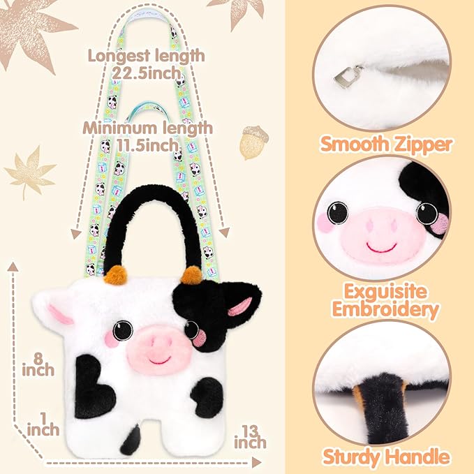 Cow Plush Bag Crossbody Bag for Kids, Plush Handbag Tote Bag with Adjustable Strap,Soft Plush Cow Stuffed Purse with Zipper,Coin Pouch Accessories for Toddlers Kids