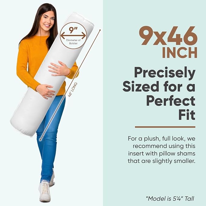 Pillowflex Bolster Pillow (9x46) - Round Roll Pillow Bolster Insert, Plush Polyester-Filled Insert for Decorative Shams, Odorless, Lint and Dust-Free Polyester Filling, No Lumps - (White)