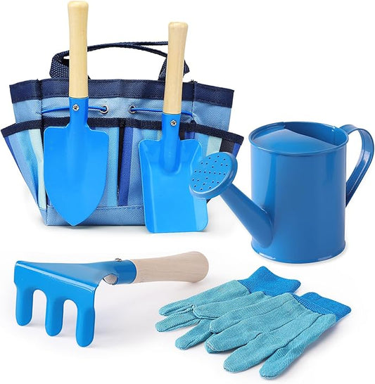 Kids Gardening Tools Set, Toddler Play Kit Child Outdoor Toy with Gloves, Watering Can, Metal Shovel, Rake, Spade & Storage Bag, Backyard Sand Digging Holiday Birthday Gift for Boy Girl 3 4 5 (Blue)