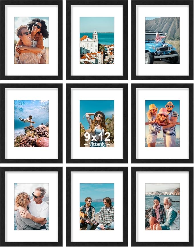Vittanly 9x12 Picture Frames Set of 9 for Wall or Tabletop Display, Black | Display Pictures 6x8 with Mat or 9x12 without Mat, Engineered Wood with Shatter Resistant Plexiglass, Gallery Photo Frames