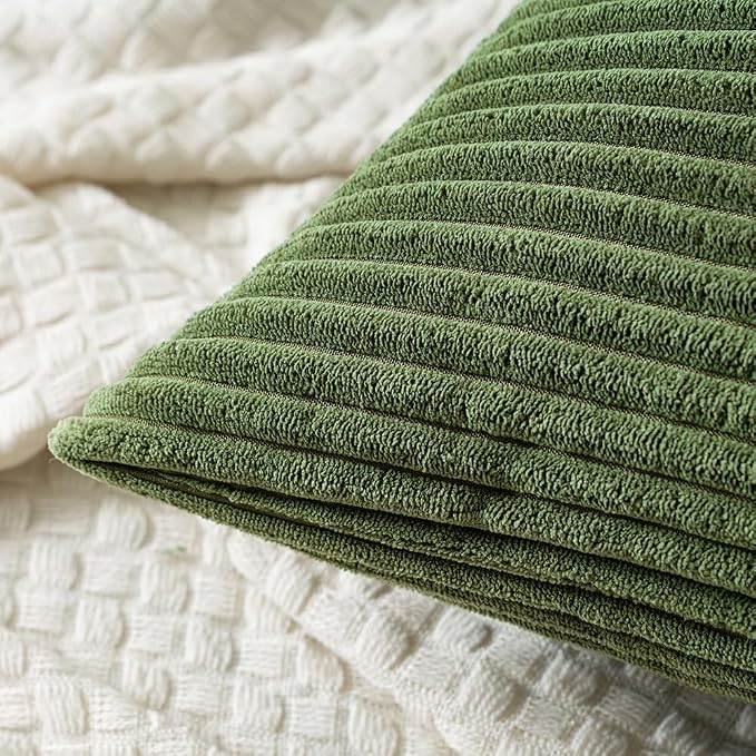 MIULEE Lumbar Corduroy Throw Pillow Covers Set of 2 12x20 Moss Green | Decorative Soft Striped Textured Cushion Cases, Boho Pillowcases for Home Decor, for Couch Chair Sofa Bed Living Room