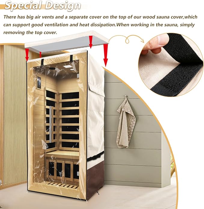 Outdoor Wood Sauna Cover,Sauna Covers with Separate Top Cover for Wood Home Spa Saunas,37" Lx29 Dx62 H with PVC Clear Door Design,Beige&Brown