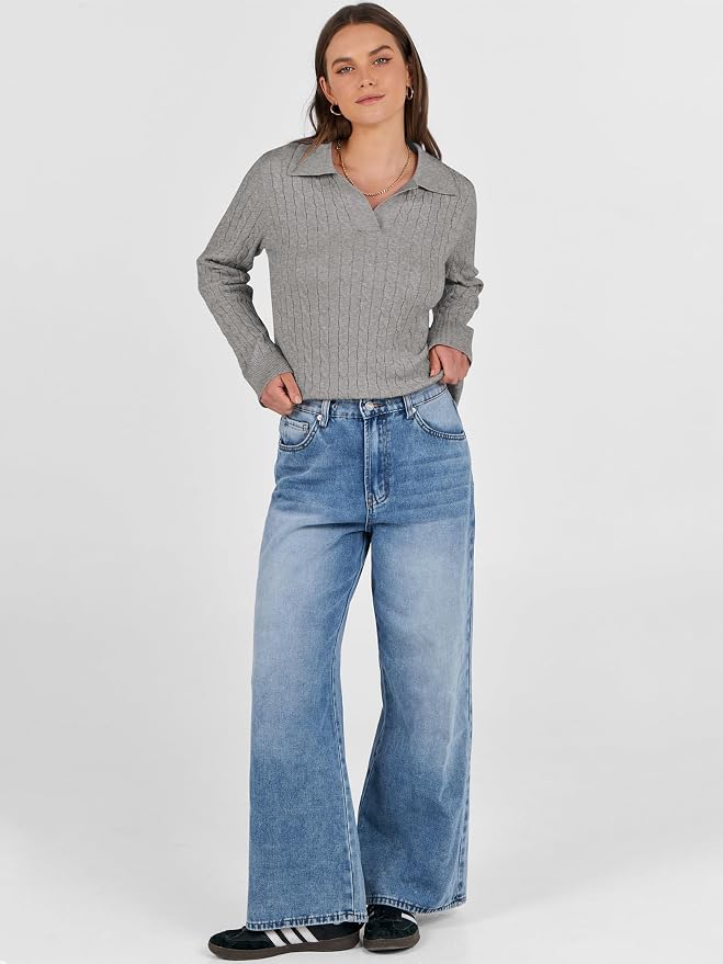 ANRABESS Womens Cable Knit Sweaters Long Sleeve V Neck | Pullover Collared Sweater Tops, Polo Knit Shirts, Business Casual Work, Tennis Golf, Fall Winter Fashion Outfits