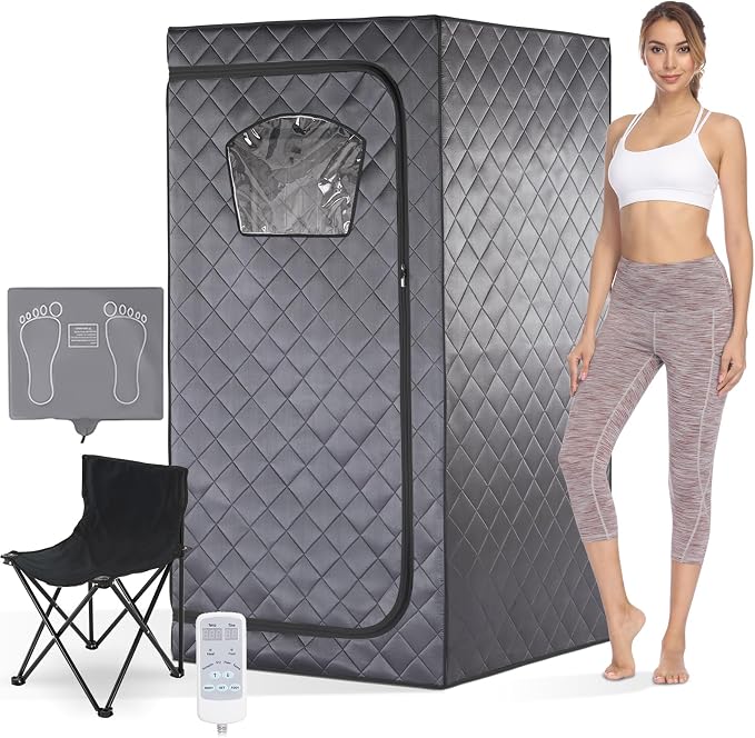 Gollense Portable Infrared Sauna for Home Spa | Full Size 1 Person Sauna | Full Body Personal Far Infrared Sauna Tent 5.5ft Tall | with Heating Foot Pad, Portable Chair, Dark Grey