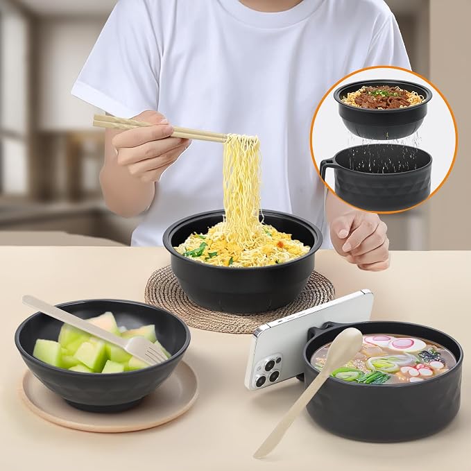 Ramen Cooker,Microwave Ramen Bowl,Ramen Noodle Bowl,College Dorm Room Essentials for Girls for Boys, Portable Noodle Bowls,for Home Office Dorm Room College gift,BPA-Free (Black)