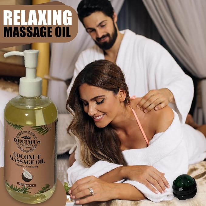 Coconut Massage Oil for Couples Date Night, with Massage Roller Ball, Full Body Massage Oil for Massage Therapy, Skin Therapy Oil & Organic Body Oil Moisturizer, Spa Gift Set for Him, Her