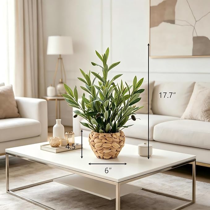 AlphaAcc Fake Potted Plant Small Olive Water Hyacinth Mediterranean Decor | 17.7" Realistic artificial olive branches natural hyacinth boho mediterranean rustic style ideal office desk shelf home decor