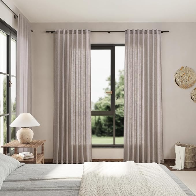 Nanspring Brownish Grey Linen Curtains for Living Room 112 Inches Long Back Tab Light Filtering Semi Sheer Curtain Modern Farmhouse Decor for Bedroom Office Luxury Textured Drapes 52x112, 2 Panels