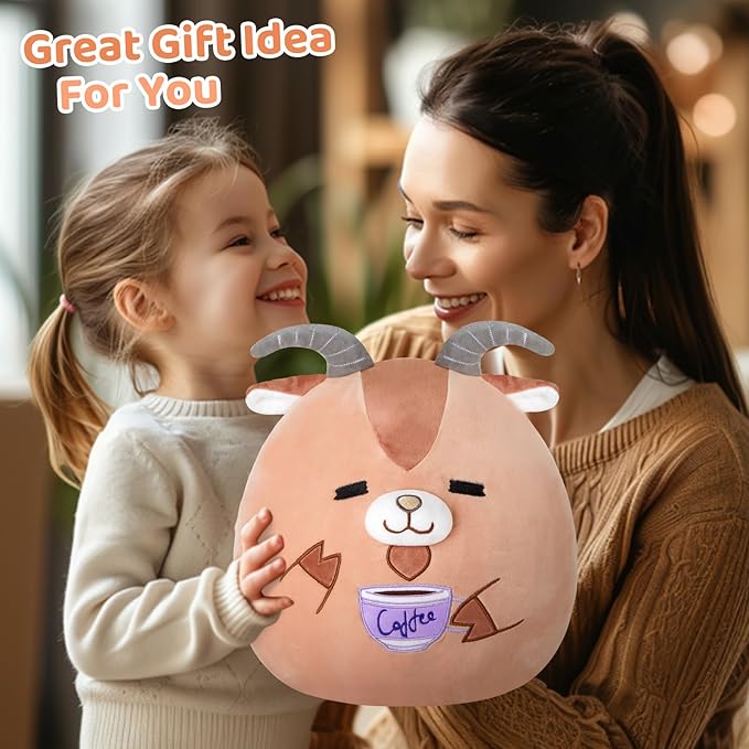Glow Guards Original 12" Goat Plush Pillow Cute Goat Stuffed Animal with Coffee Soft Plush Toy Stuffed Animals Sheep Birthday Gift for Boys Girls Kids,Brown Barbary Sheep Holding Coffee