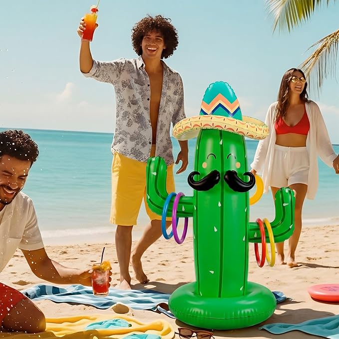 Hungdao 40 Inch Mexican Inflatable Cactus Ring Toss Game Set, Target Toss Party Games with 10 Pcs Rings Floating Summer Activity for Mexicano Fiesta Outdoor Beach Decor Cinco De Mayo Party